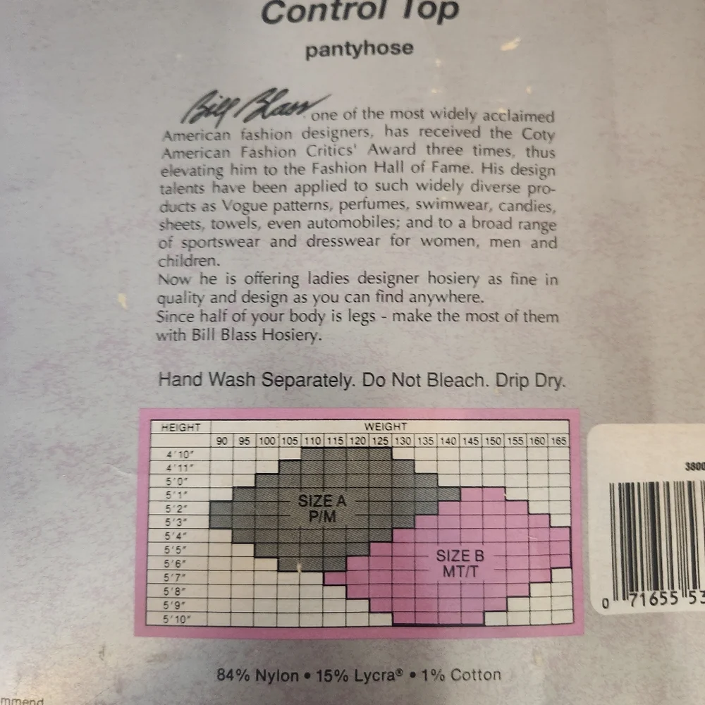 Silky Fit Control Top White Bill Blass Pantyhose‎ Size B
